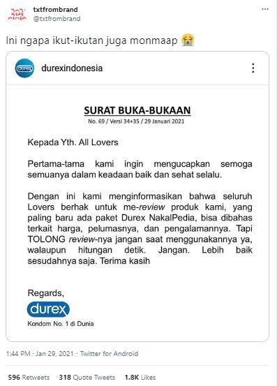 Bak Eiger, Merek Kondom Ini Pun Latah Bikin Surat Buka-bukaan