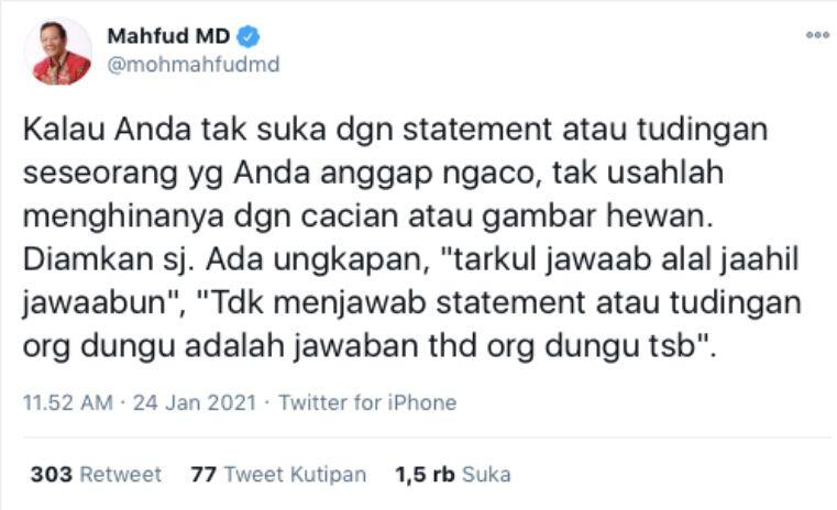 Mahfud MD:Tak Usah Menghina dengan Gambar Hewan untuk Menjawab Statement Orang Dungu!