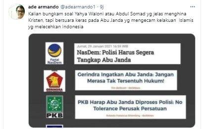 Parpol Kecam Abu Janda, Ade Armando: Kalian Diam Ustaz Somad Hina Kristen