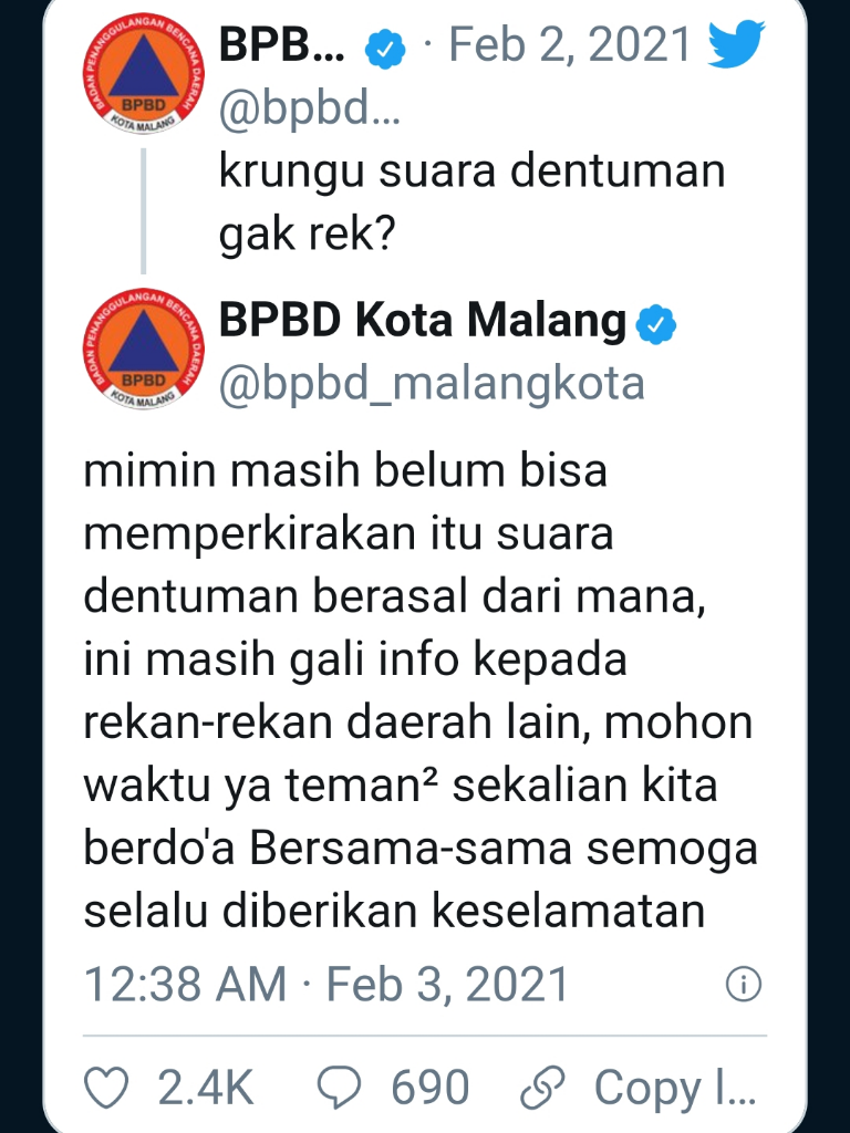 LAGI ! Dentuman di Malang Terdengar Seperti Meriam, Kaca Bergetar

