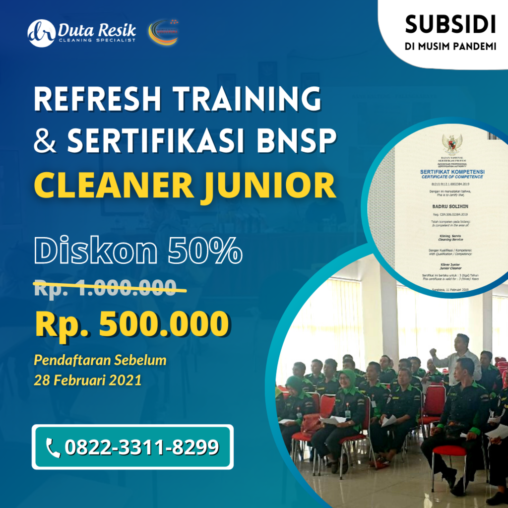 Pelatihan &amp; Sertifikasi BNSP Cleaner Junior DISKON 50%