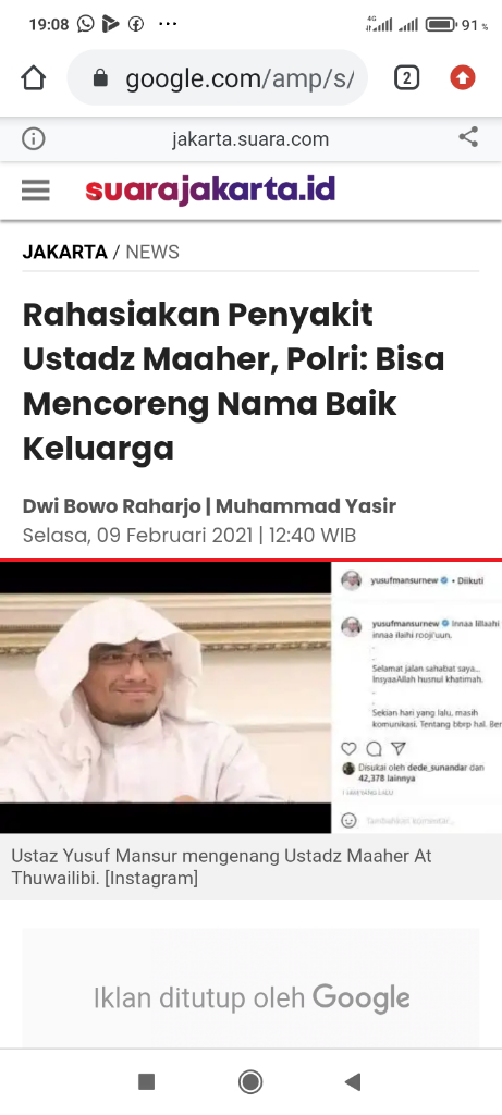 Rahasiakan penyakit ustadz maaher Polri:bisa mencoreng nama baik keluarga