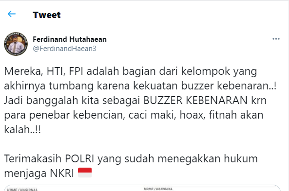 Sebut FPI dan HTI Hancur Lebur, Ferdinand: Akhirnya Tumbang karena ‘Buzzer Kebenaran’