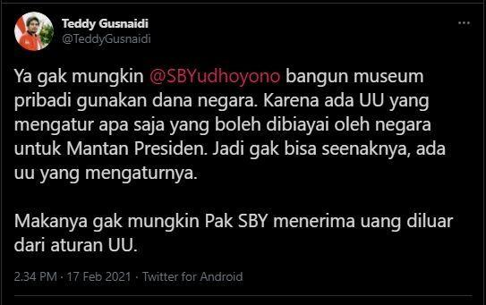 SBY Dituding Bangun Museum Pakai Dana Negara, Teddy PKPI: Nggak Mungkin
