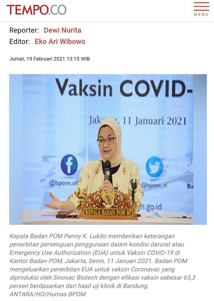 BPOM Sebut Masih Terlalu Dini Mengklaim Khasiat dan Keamanan Vaksin Nusantara