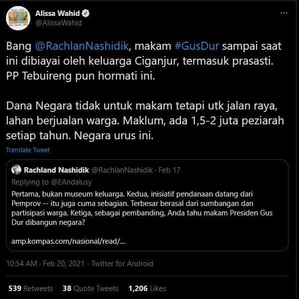 Rachland PD Bilang Makam Gus Dur Dibangun Negara, Alissa Wahid Meradang