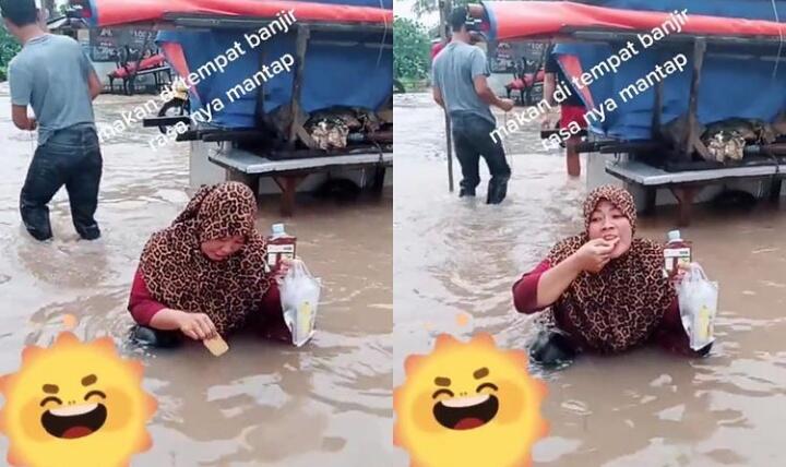 Aksi Emak-emak Makan Roti Dicelup Air Banjir Bikin Netizen Bingung! Emang Gak Bahaya?