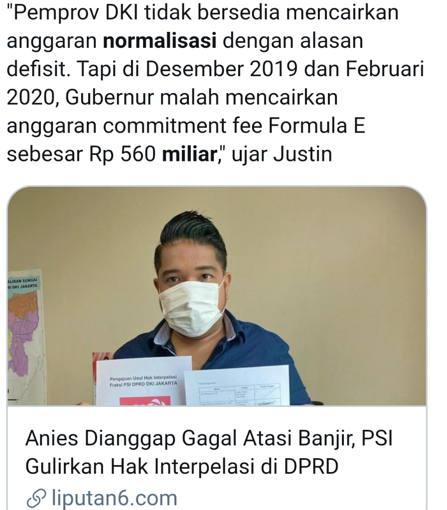 PSI Sebut 2 Ketua Fraksi DPRD DKI Sepakat Pakai Hak Interpelasi Anies Banjir Jakarta