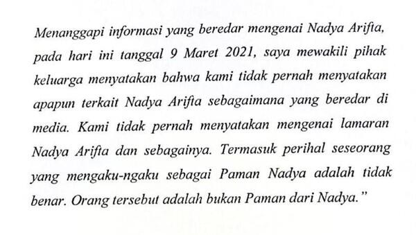 Keluarga Nadya Bantah Pengakuan Orang yang Ngaku Paman Nadya Arifta