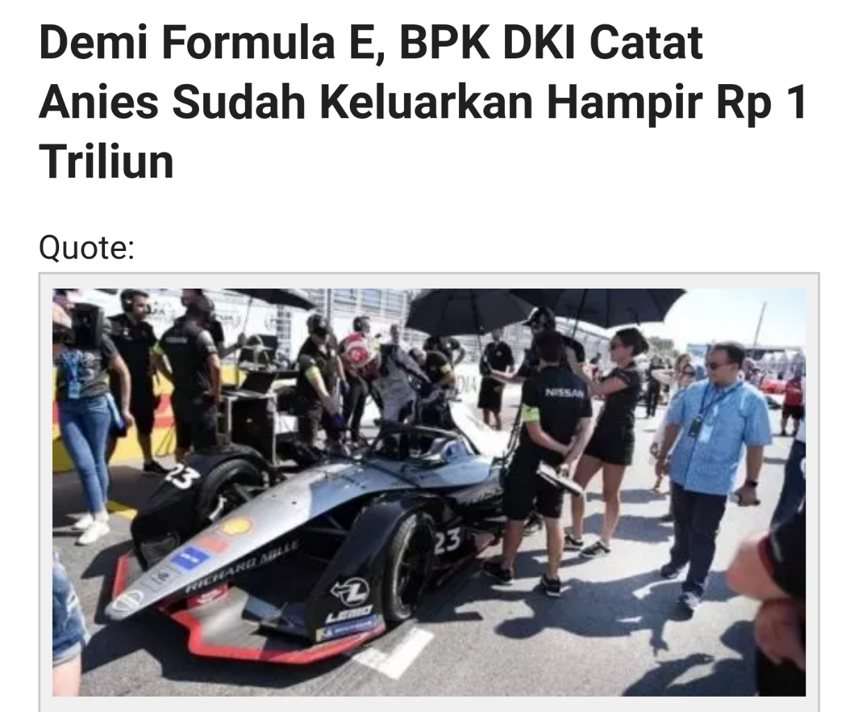 Sukses Embat Rp1 Triliun Uang Negara Pajak Rakyat, Banyak Staff JK di Formula E Anies