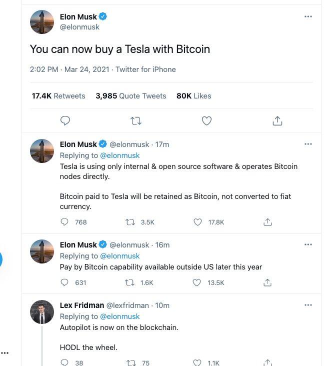(Bukan Berita Catur) Elon Musk Izinkan Pembelian Mobil Listrik Tesla Pakai Bitcoin
