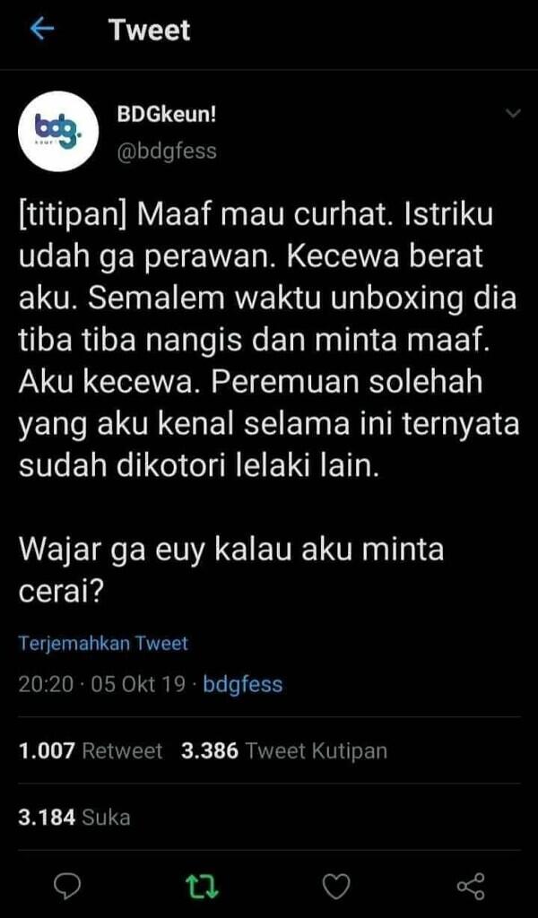 Kecewa malam pertama saat istri sudah tidak perawan. 