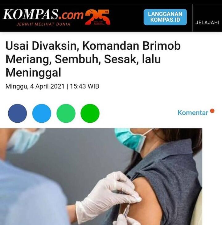 Usai Divaksin, Komandan Brimob Meriang, Sembuh, Sesak, lalu Meninggal