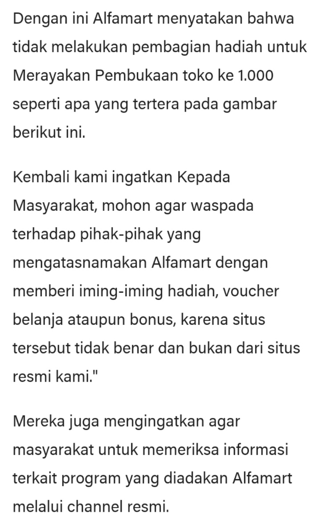 Beberapa Berita Hoax Alfamart, Jangan Tergiur Akan Iming-iming Yang Belum Pasti!