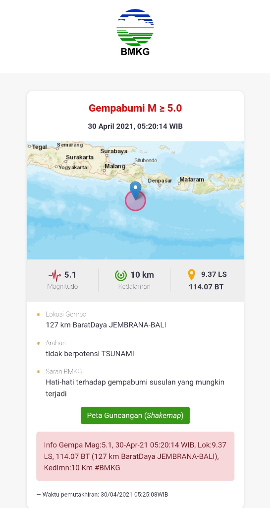Gempa Berskala 5.1 Guncang Daerah Barat Daya JEMBRANA BALI