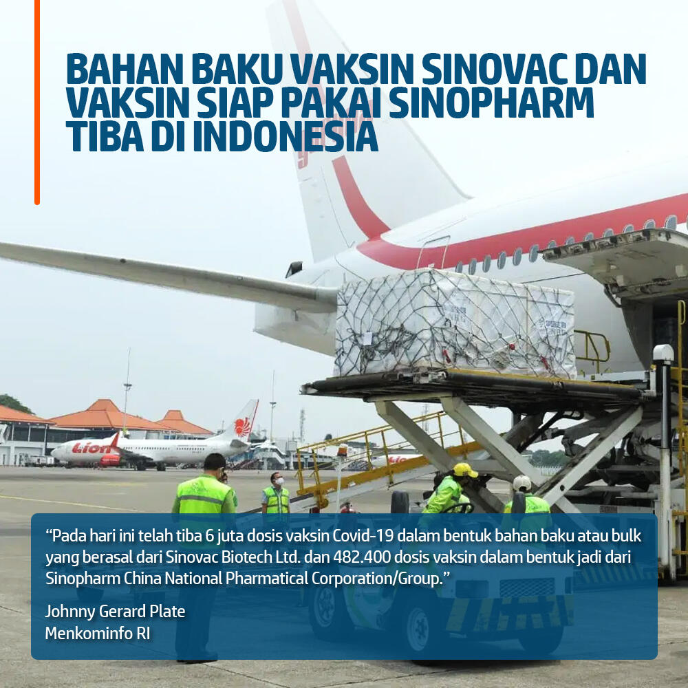 Bahan Baku Vaksin Sinovac dan Vaksin Siap Pakai Sinopharm Tiba di Indonesia