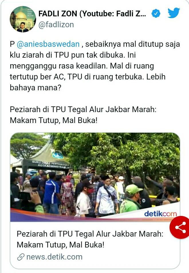Anies Larang Ziarah Kubur, Fadli Zon Minta Mal Juga Ditutup