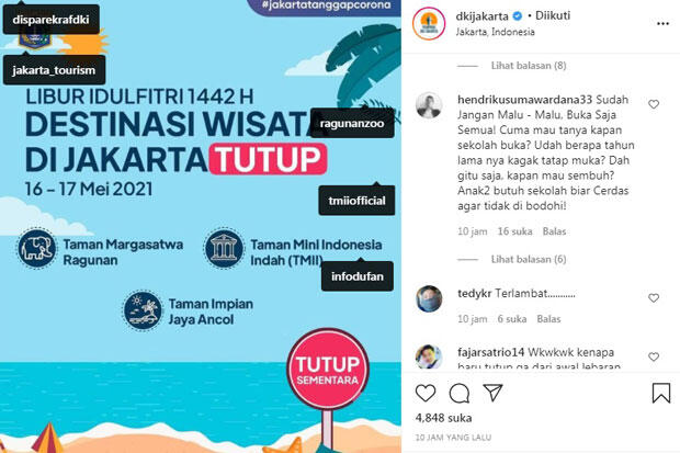 DKI Tutup Ancol, TMII dan Ragunan, Netizen: Tidak Apa, Saya Apresiasi Gerak Cepatnya