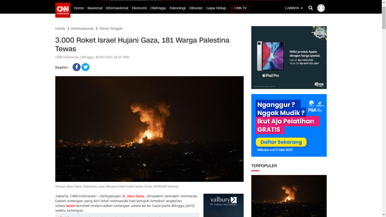 3.000 Roket Israel Hujani Gaza, 181 Warga Palestina Tewas