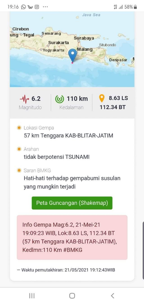 Guncangan Gempa M 6,2 di Blitar Terasa Hingga Bali dan Lombok