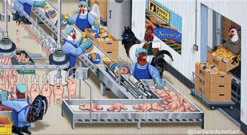 Mengerikan, Ilustrasi Peran Manusia Digantikan Hewan. Manusia Dikonsumsi Ayam.