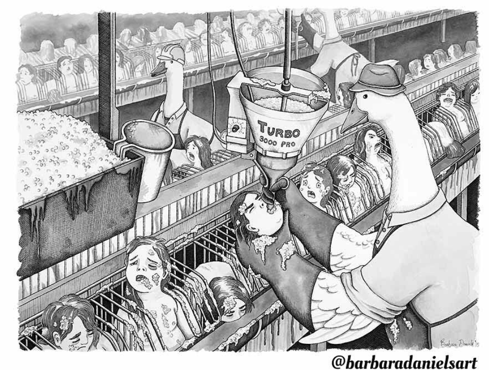 Mengerikan, Ilustrasi Peran Manusia Digantikan Hewan. Manusia Dikonsumsi Ayam.