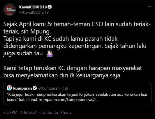 Luhut Akui Tak Prediksi Lonjakan Corona, KawalCovid19: Kami Sudah Ingatkan