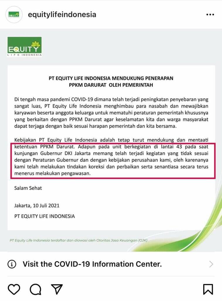 Setelah Ditegur Anies, Equity Life Akui Kesalahan Dan Akhirnya Dukung PPKM Darurat