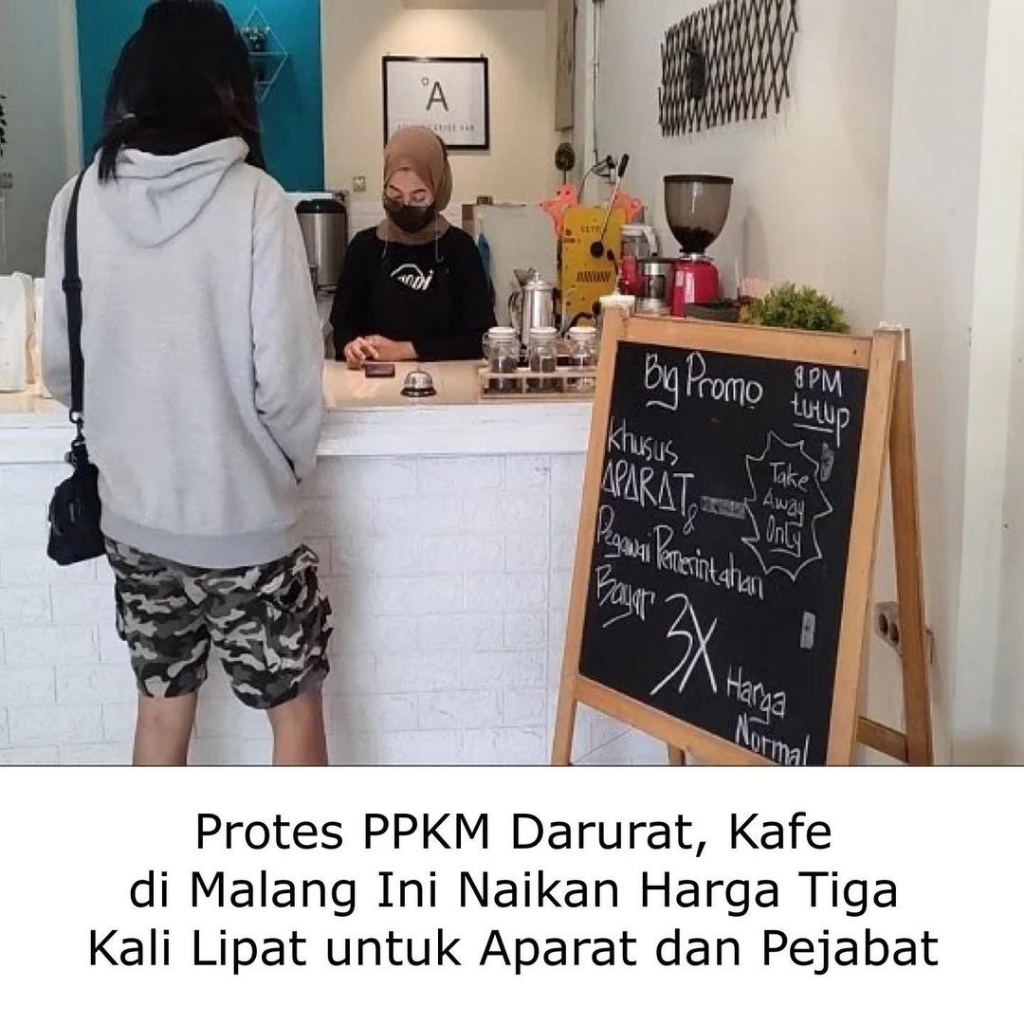 Sindir dan Protes PPKM Darurat, Cafe Naikan Harga 3x Lipat Khusus Aparat dan Pejabat!