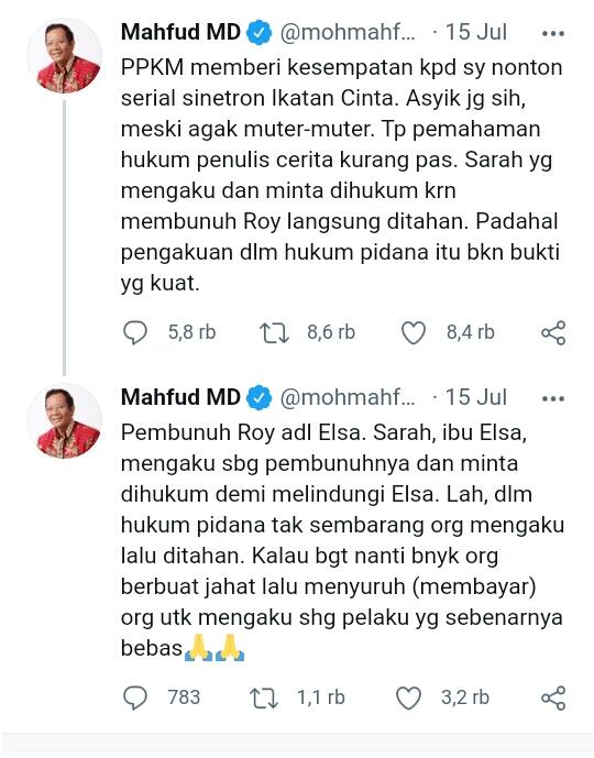 Lagi PPKM Darurat Mahfud MD Asyik Nonton Ikatan Cinta, Mending Ngasih Sembako, Pak!