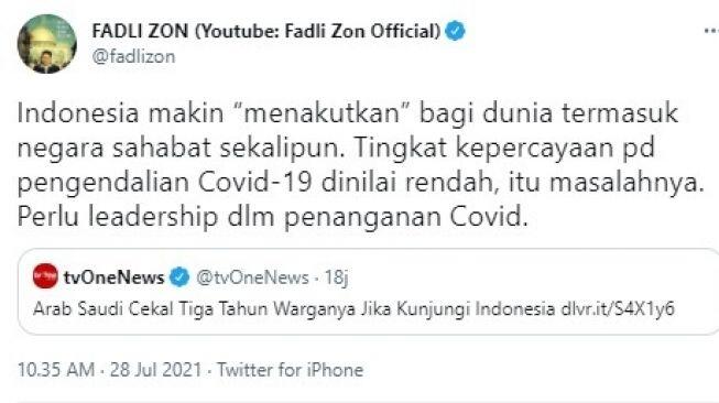 Covid-19 Semakin Mengerikan, Fadli Zon: Indonesia Makin Menakutkan Dunia