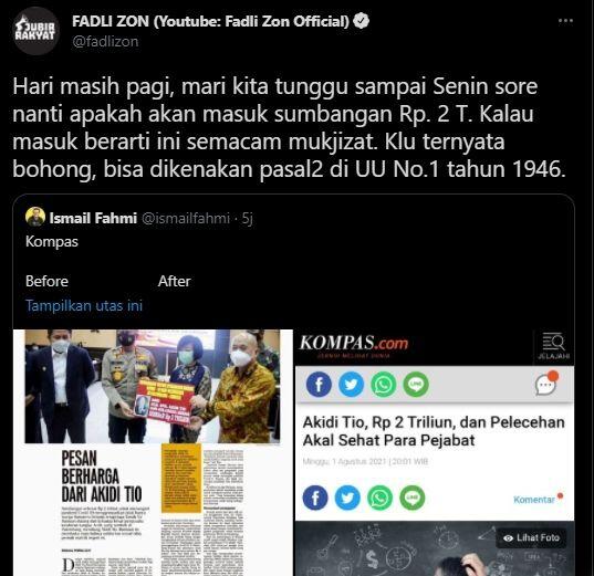 Tunggu Sumbangan Akidi Tio Rp 2 Triliun, Fadli Zon: Kalau Bohong Bisa Dikenakan Pasal