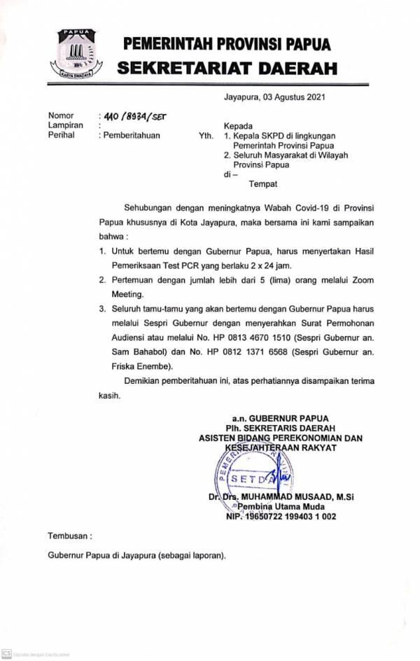 Bentengi Gubernur Lukas dari COVID-19, Semua Tamu Harus Punya Surat PCR