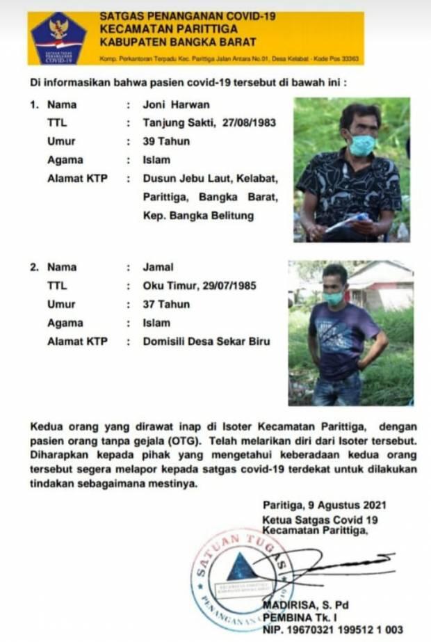 Tak Tahan di Ruang Isolasi, 2 Pasien COVID-19 di Bangka Barat Kabur