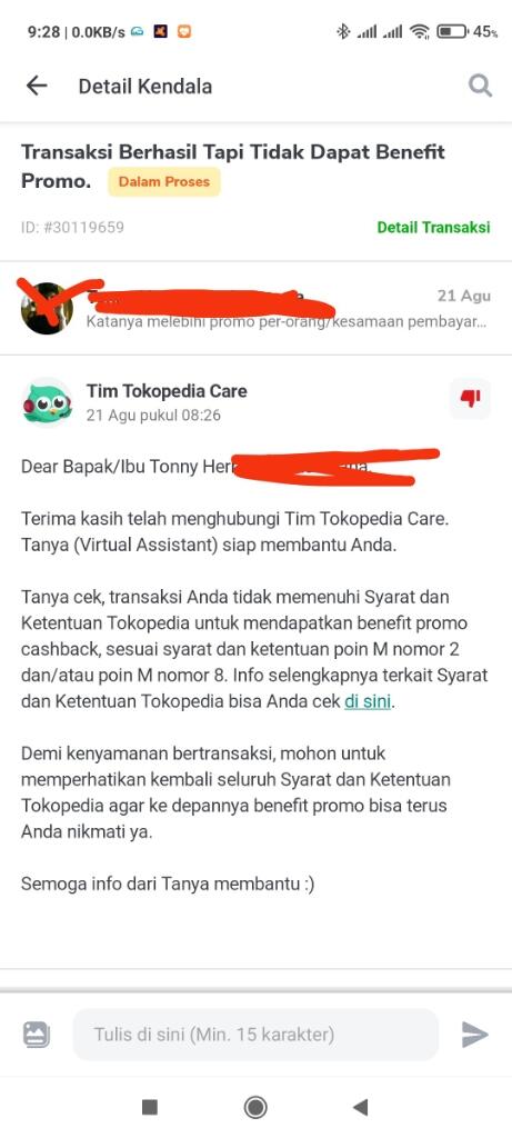 Pembatalan Cashback Tokopedia Dengan Dalih Kesamaan Identitas Dengan Akun Lain.