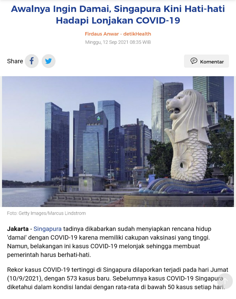 Singapura Dinilai Sedang Eksperimen Atasi COVID, Hasilnya Jadi Pelajaran RI