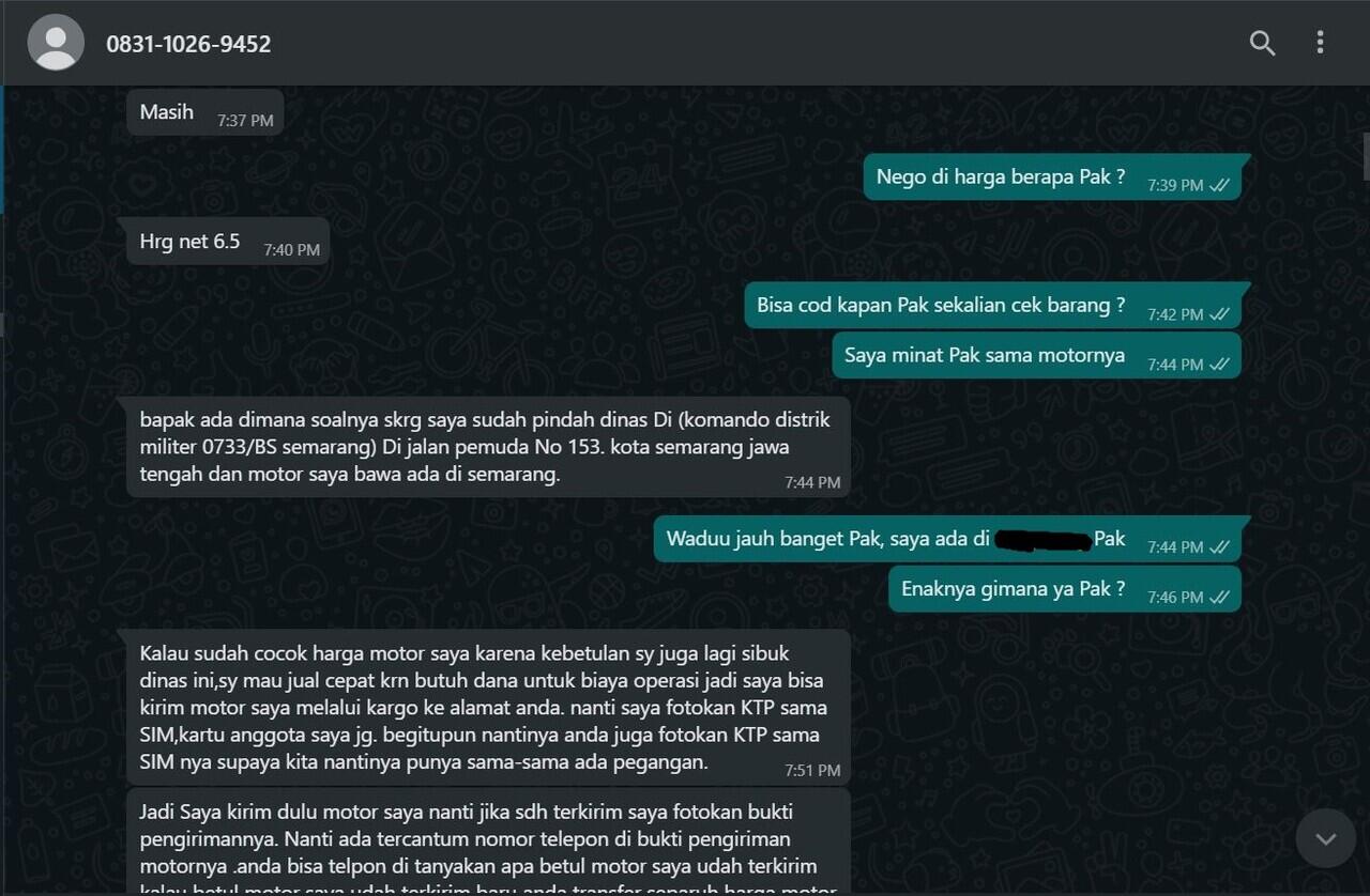 Penipuan Jual Motor Online Berkedok Anggota Militer !