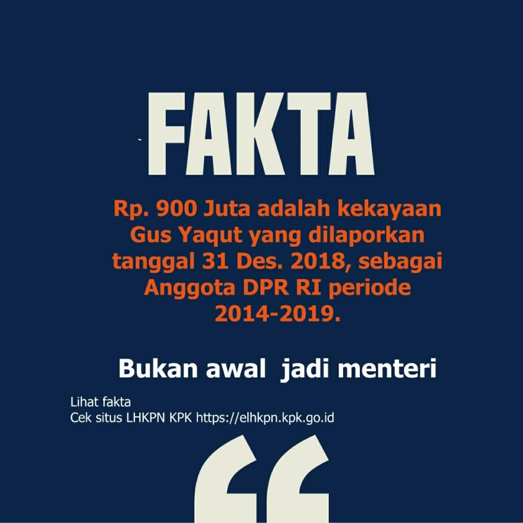 Jadi Menteri Agama, Harta Gus Yaqut Bertambah Rp10 Miliar dan Punya 6 Bidang Tanah