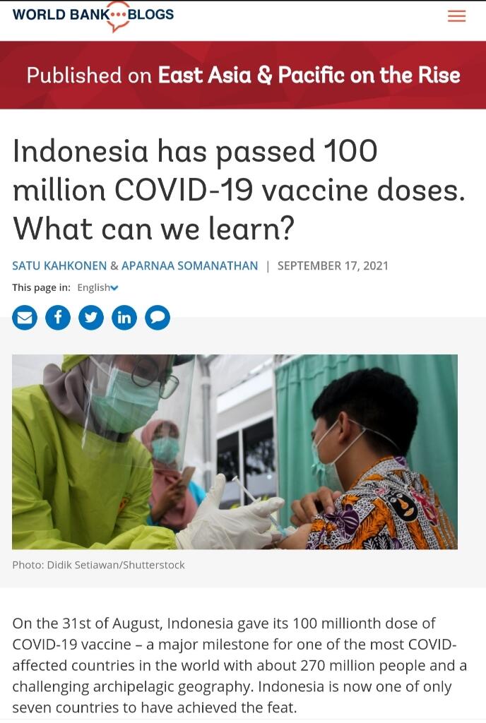 Vaksinasi Covid-19 Tembus 100 Juta, World Bank Apresiasi Indonesia