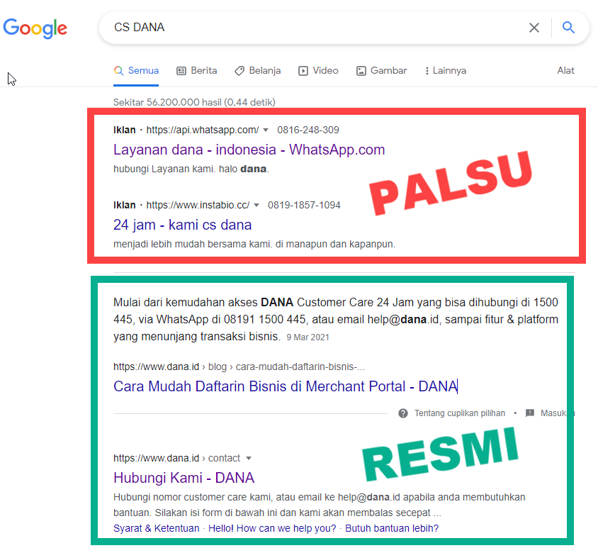 Awas Akun CS Dana Palsu bergentanyangan, muncul di top pagerank Google