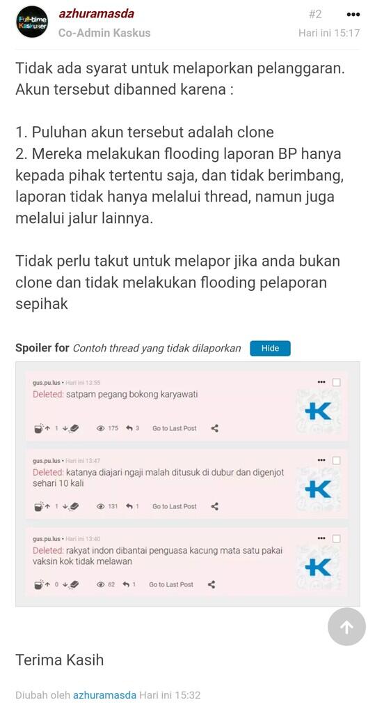 Admin azhuramasda menghapus thread saya dengan dalih memprotes moderator