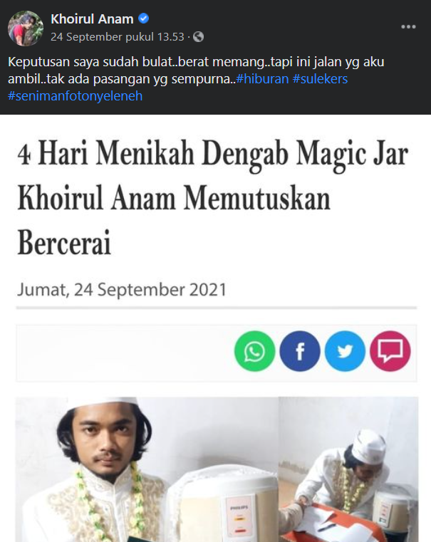 Viral Hingga Luar Negeri! Pemuda Magelang Nikahi Rice Cooker!