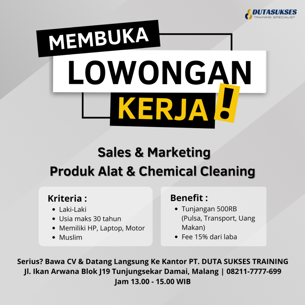 Lowongan Kerja Sebagai Sales & Marketing Produk Alat & Chemical Cleaning di Malang