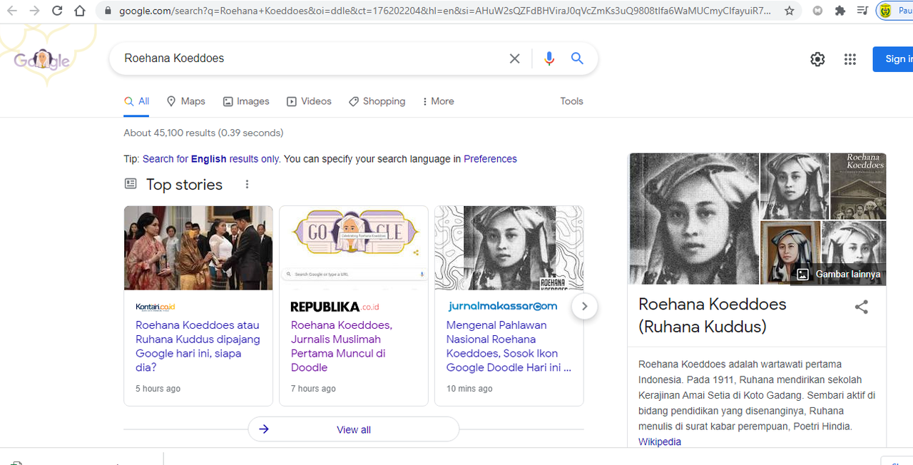 Roehana Koeddoes muncul di Halaman Utama Google Hari ini