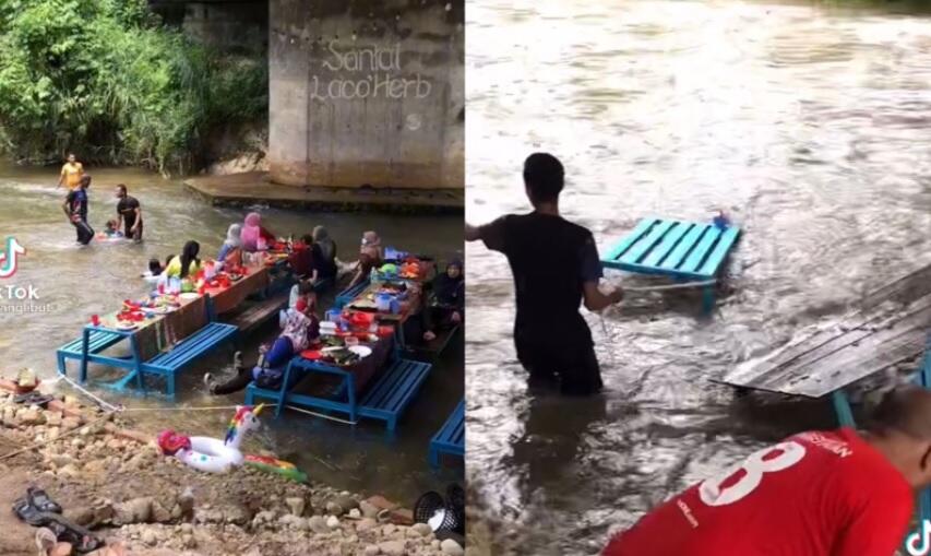 Bikin Repot! Warga Buat Tempat Makan di Tengah Sungai, Auto Panik saat Air Pasang