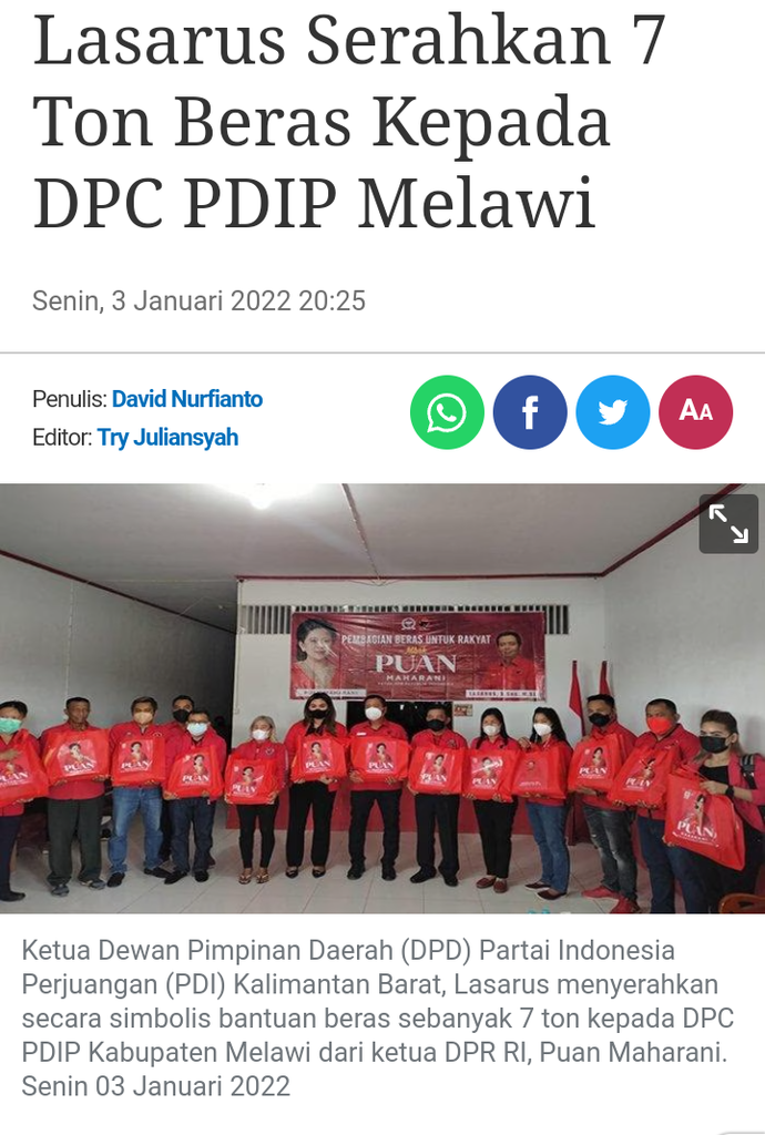  Truk Bergambar Puan Maharani Bawa 100 Ton Beras Bantuan untuk Masyarakat Kalbar