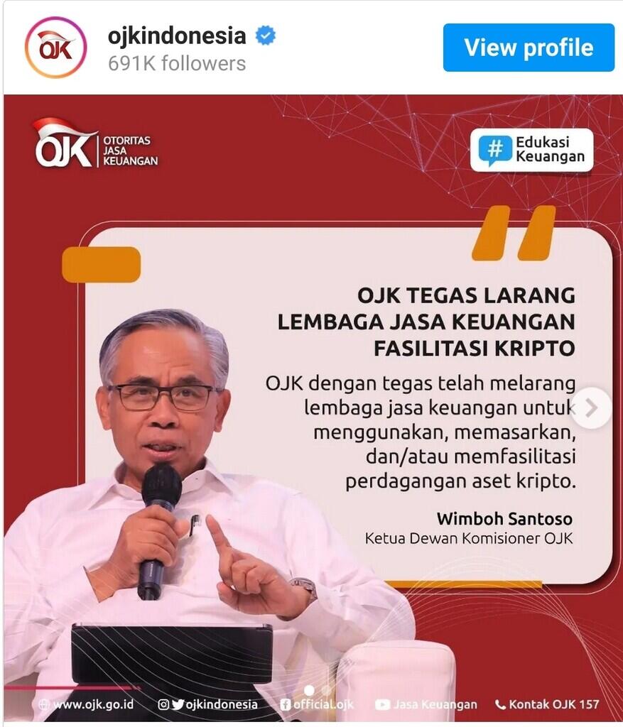 OJK Larang Jasa Keuangan Indonesia Fasilitasi Perdagangan Kripto