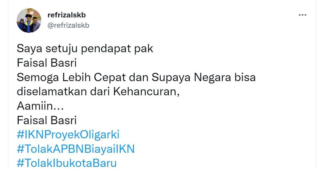 Faisal Basri Ramal Pemerintahan Ambruk sblm 2024, Refrizal: Setuju! Semoga Lebih Cpt