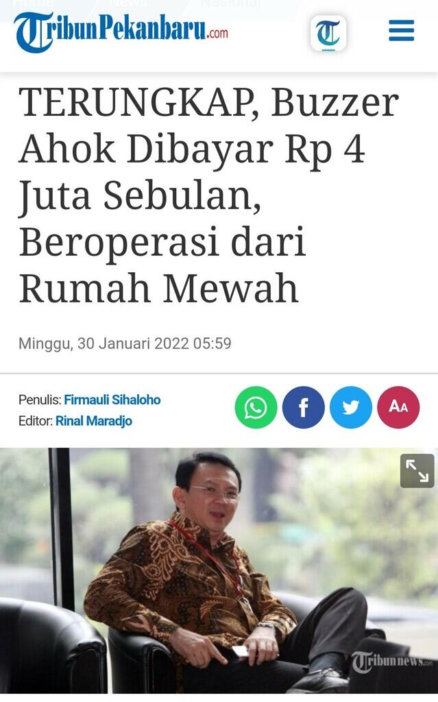 TERUNGKAP, Buzzer Ahok Dibayar Rp 4 Juta Sebulan, Beroperasi dari Rumah Mewah