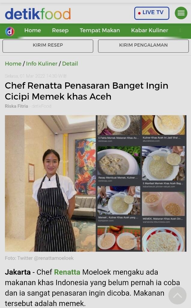 Chef Renatta Penasaran Banget Ingin Cicipi Memek khas Aceh /
